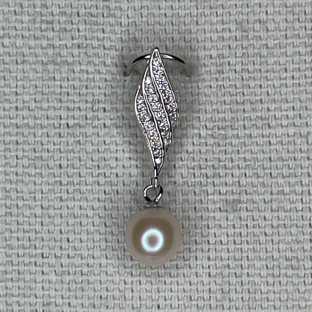 Handmade White Cultured Pearl, Cubic Zirconia & 925 Sterling Silver Pendant